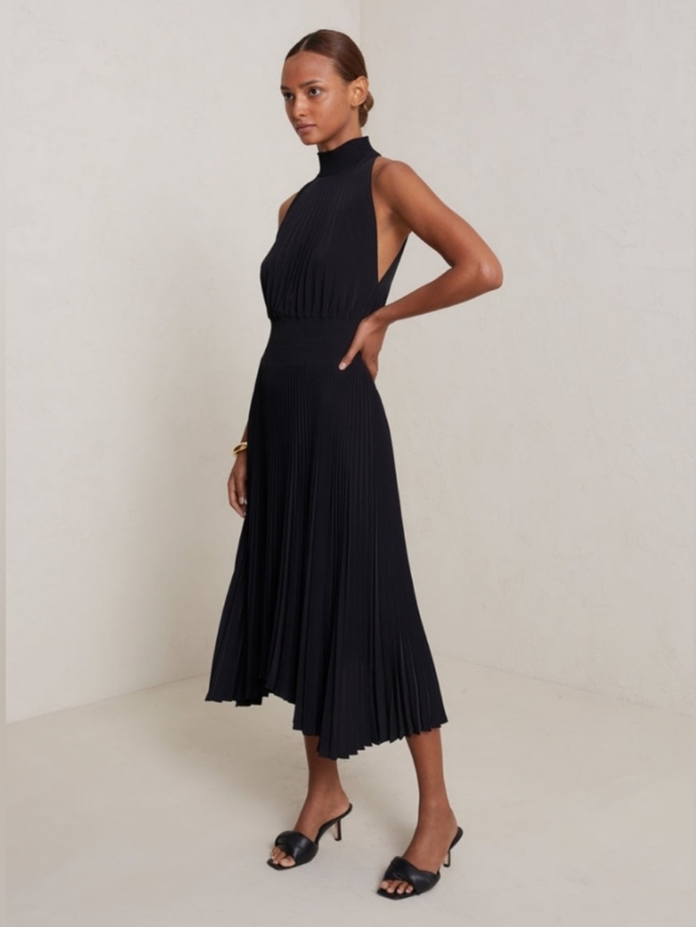 A.L.C. Renzo Black Matte Pleated Halter Midi Dress Size 0